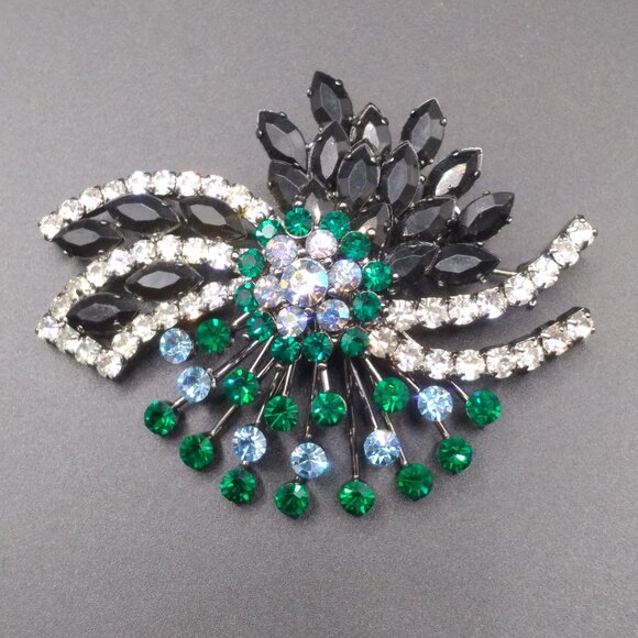 Vintage Black ,Blue ,Green and clear Rhinestone AB Brooch - Picture 1 of 4